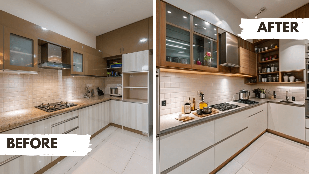 before and after image with a kitchen redesign