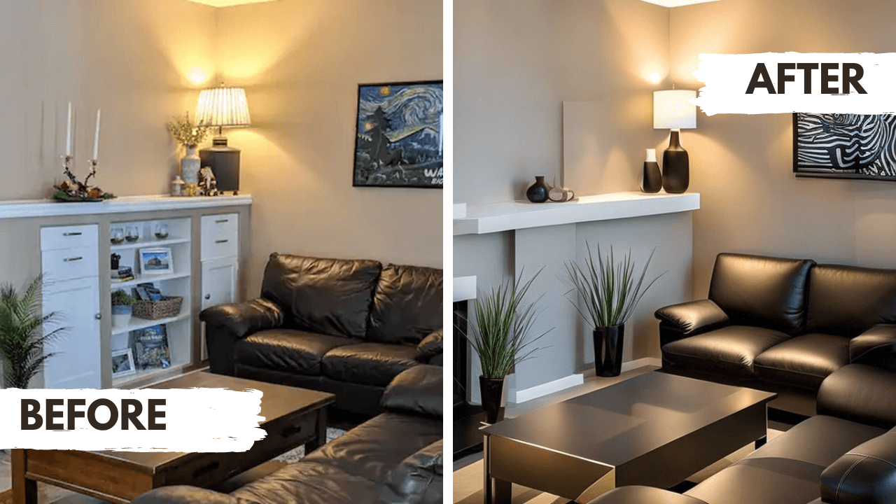 before and after photo with a living room