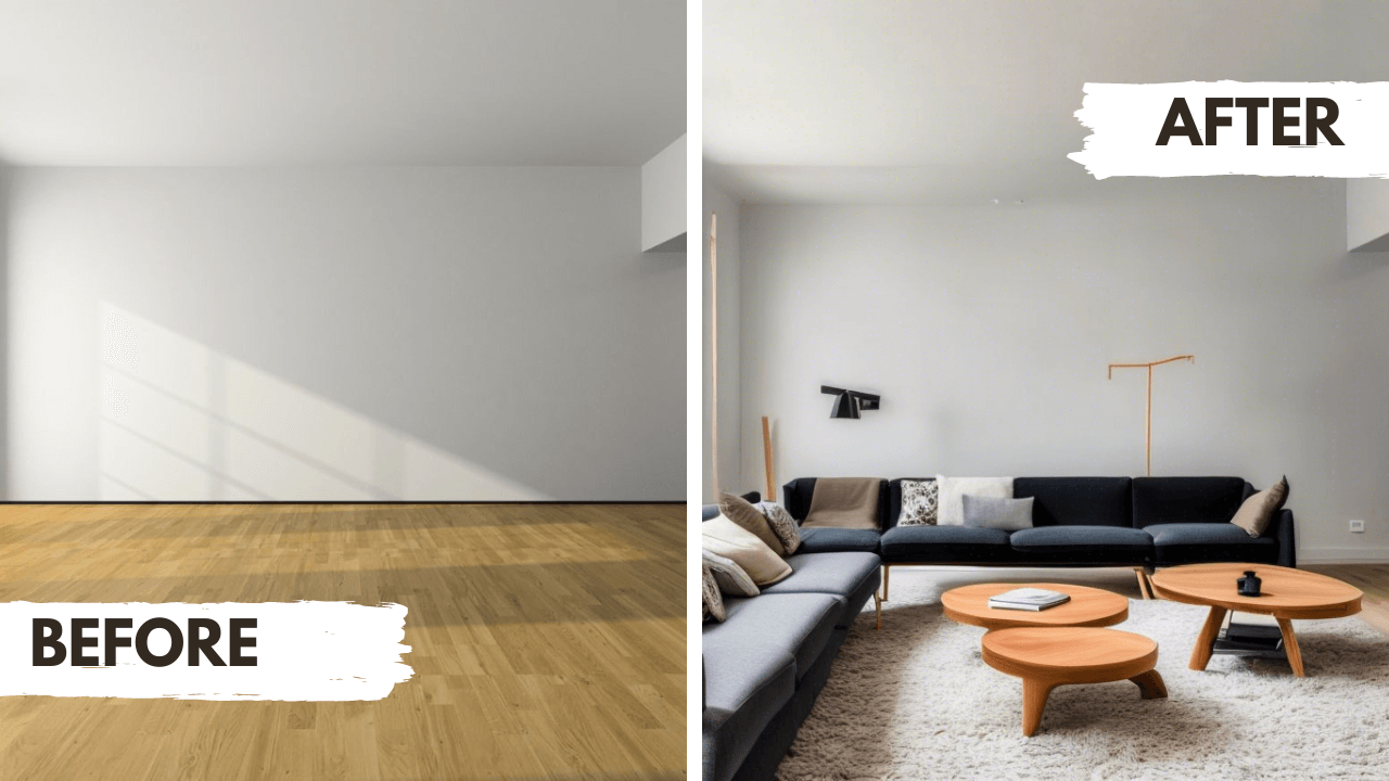 a before and after of a minimalist living room