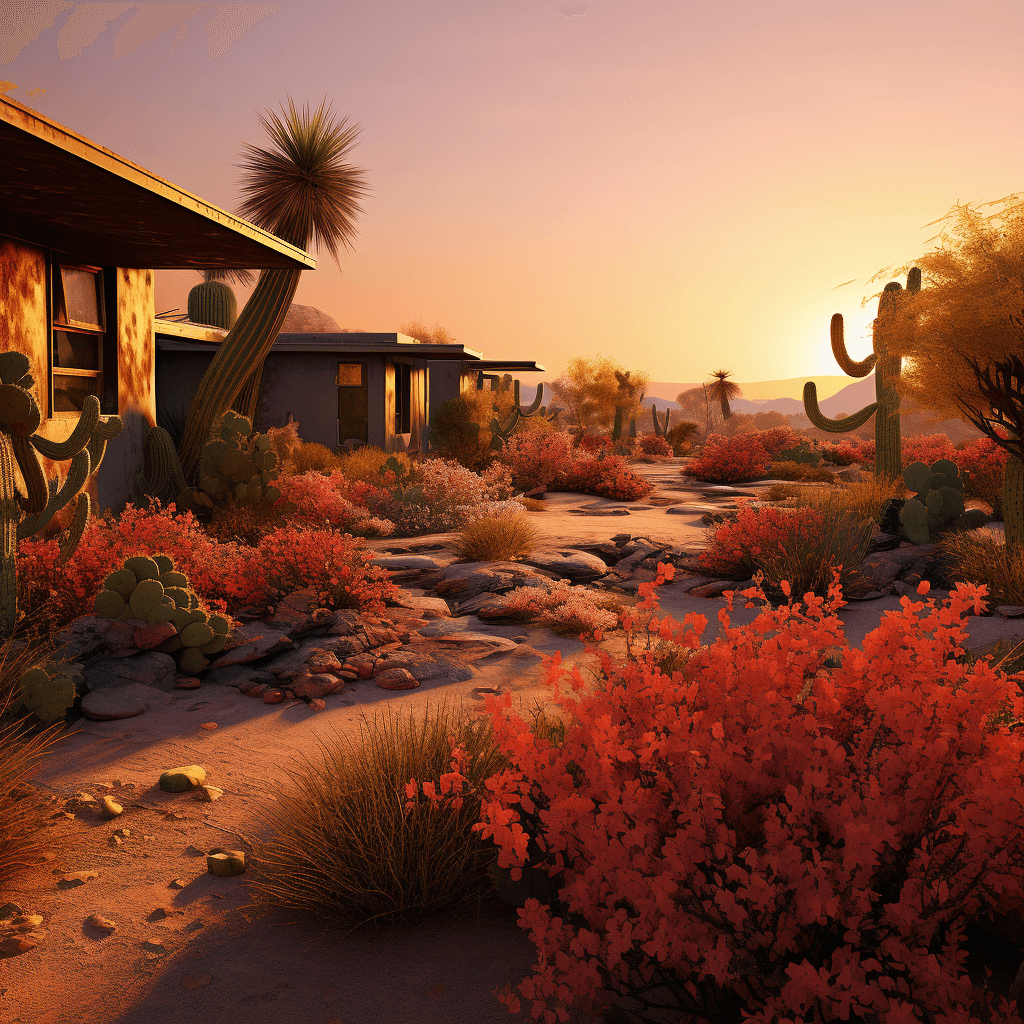 A desert landscaping with a house
