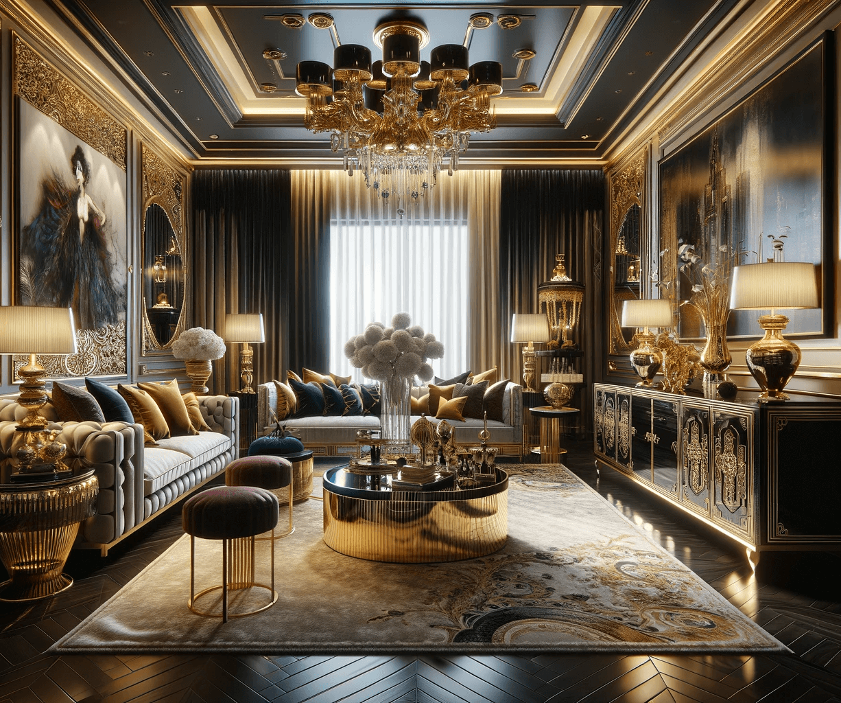 a living room designed in a hollywood regency design
