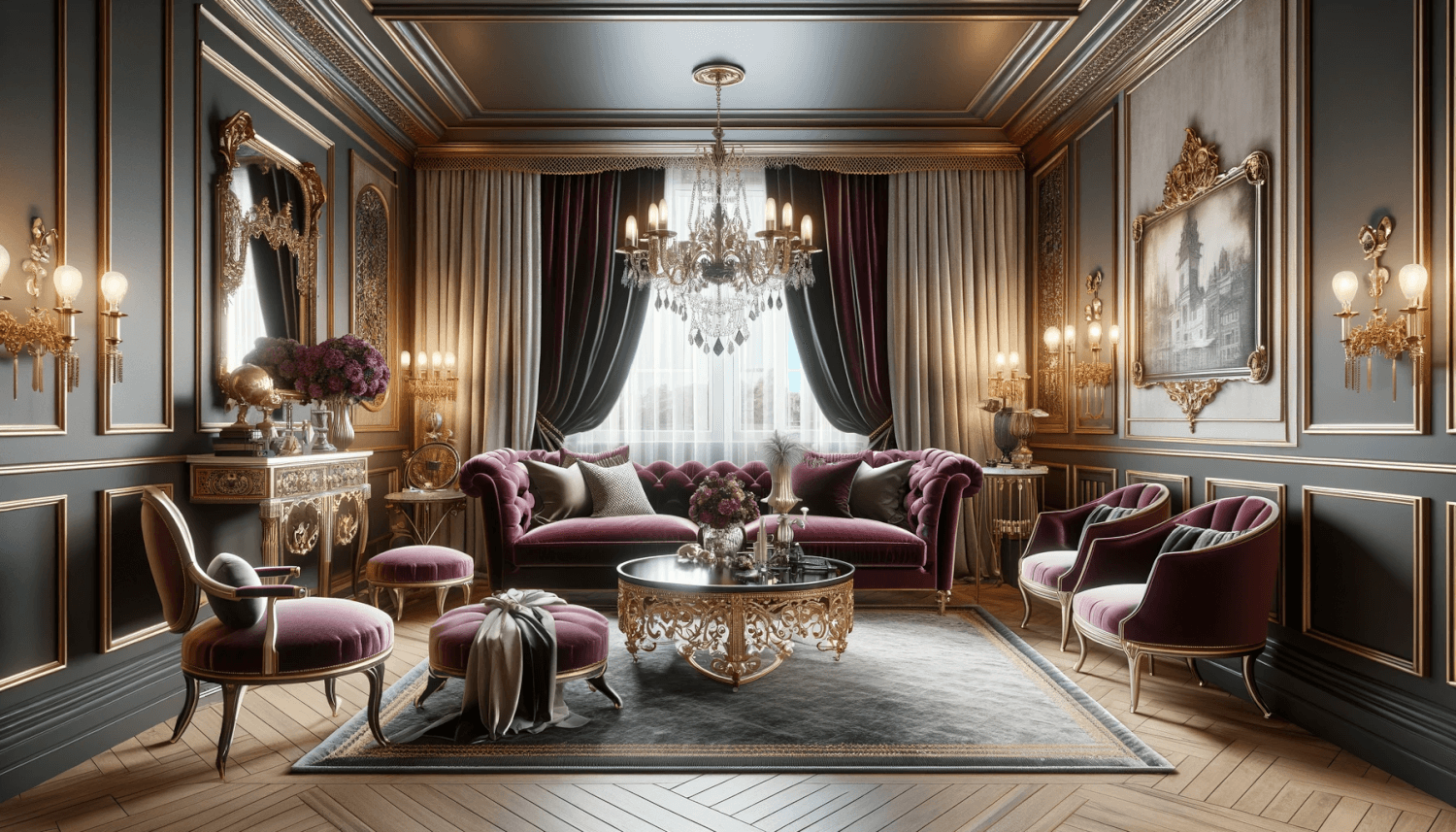 a living room designed with a vintage glam design