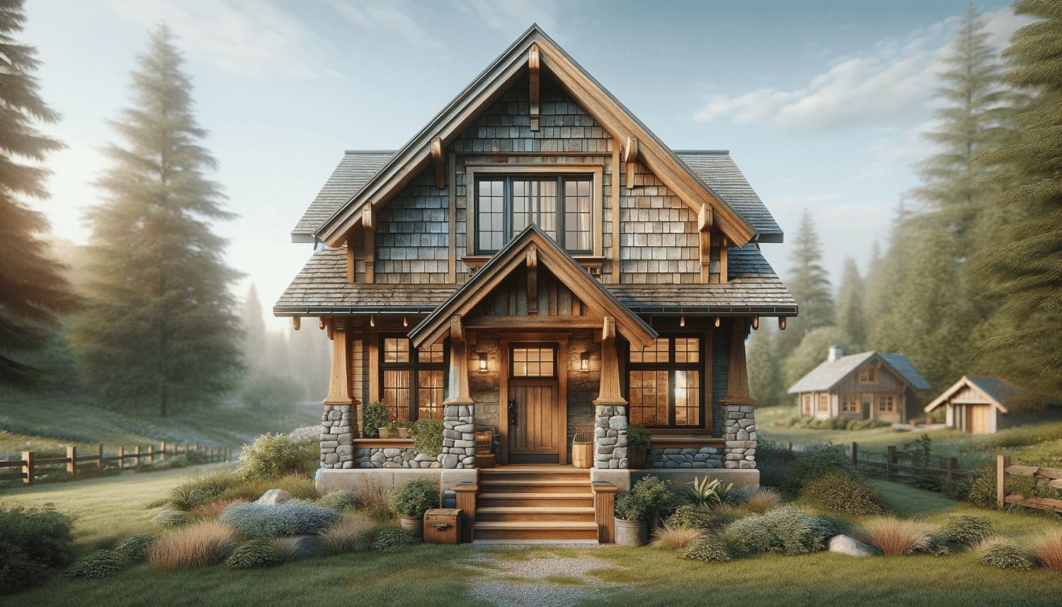 the front of a house designed in a rustic style