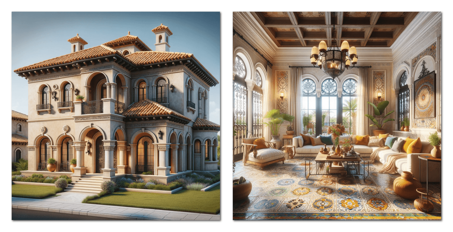 the exterior and interior of a house designed in a medierranean style