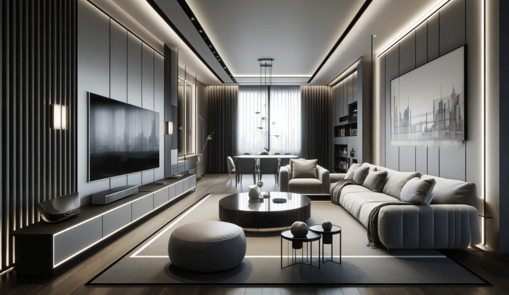 A living room designed in a futuristic style