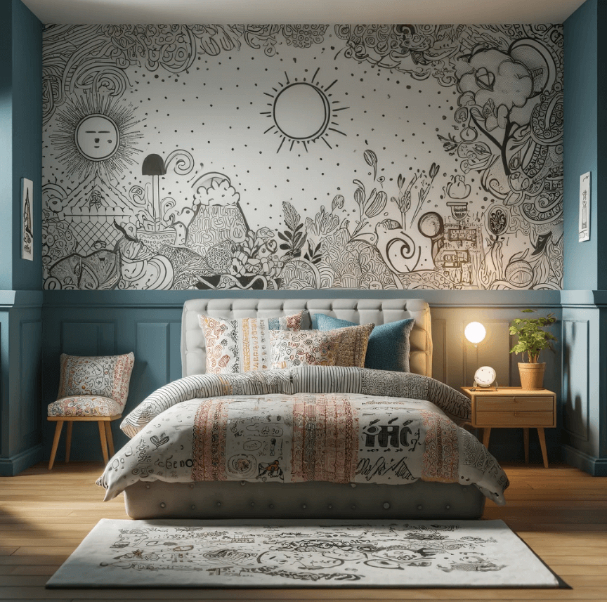 a living room designed in a doodle art style