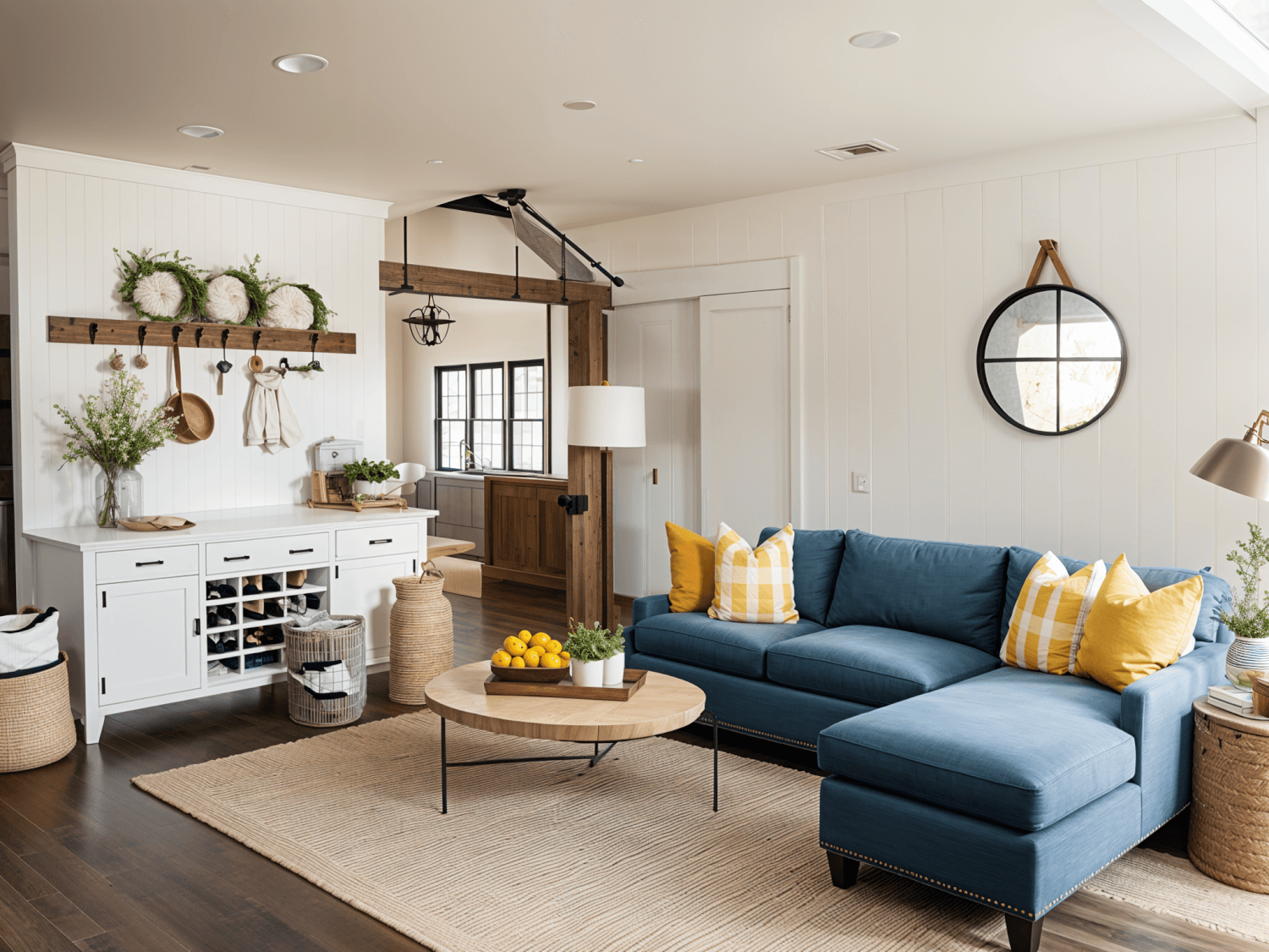 A cozy, bright living room with a blue sectional sofa, yellow cushions, and a round wooden coffee table. features white cabinetry, rustic decor elements, and a sliding barn door.