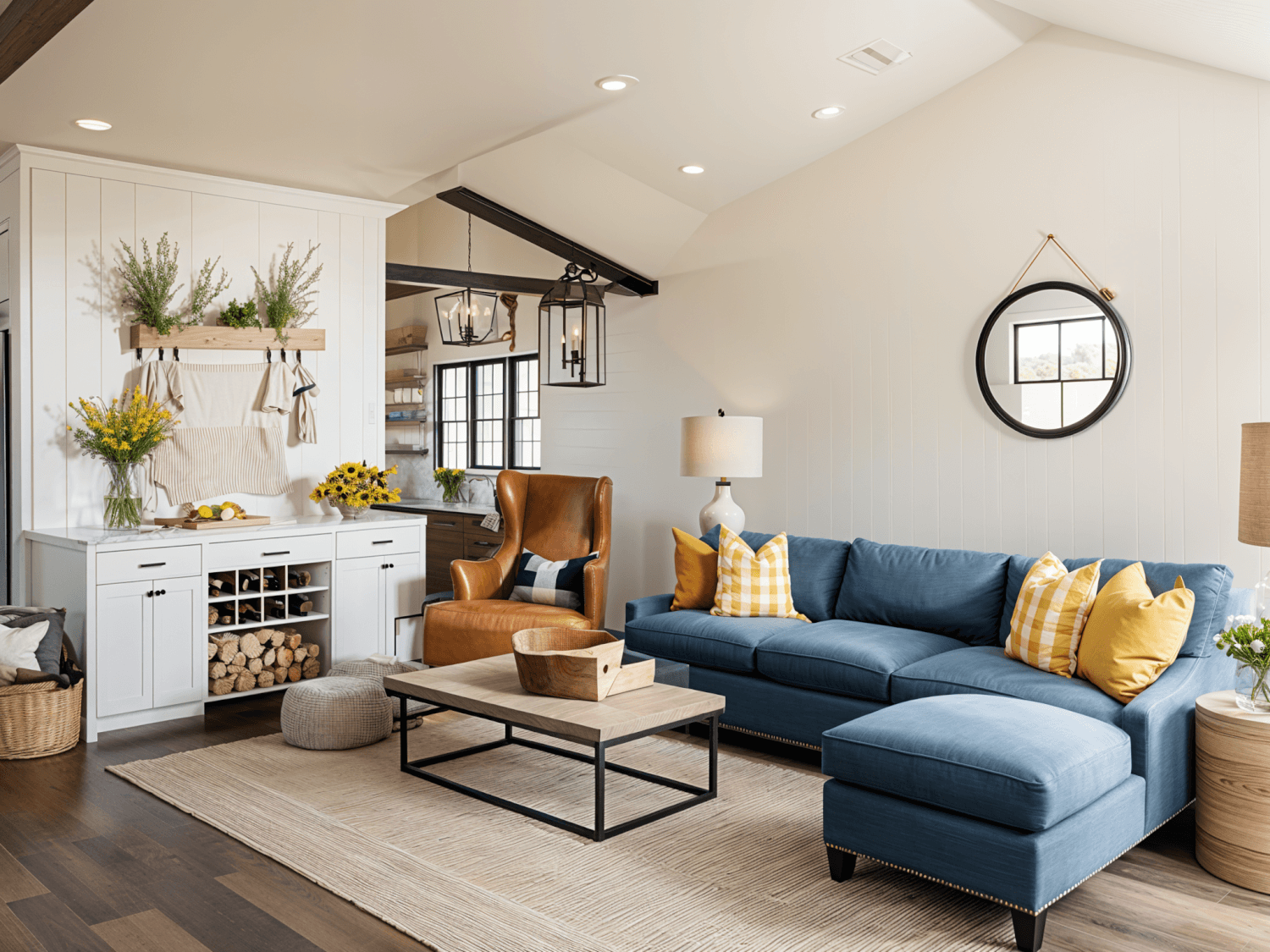 A cozy living room featuring a blue sectional sofa, brown leather chair, white cabinets, and decorative plants. a round mirror hangs on the wall, contributing to the bright, welcoming atmosphere.