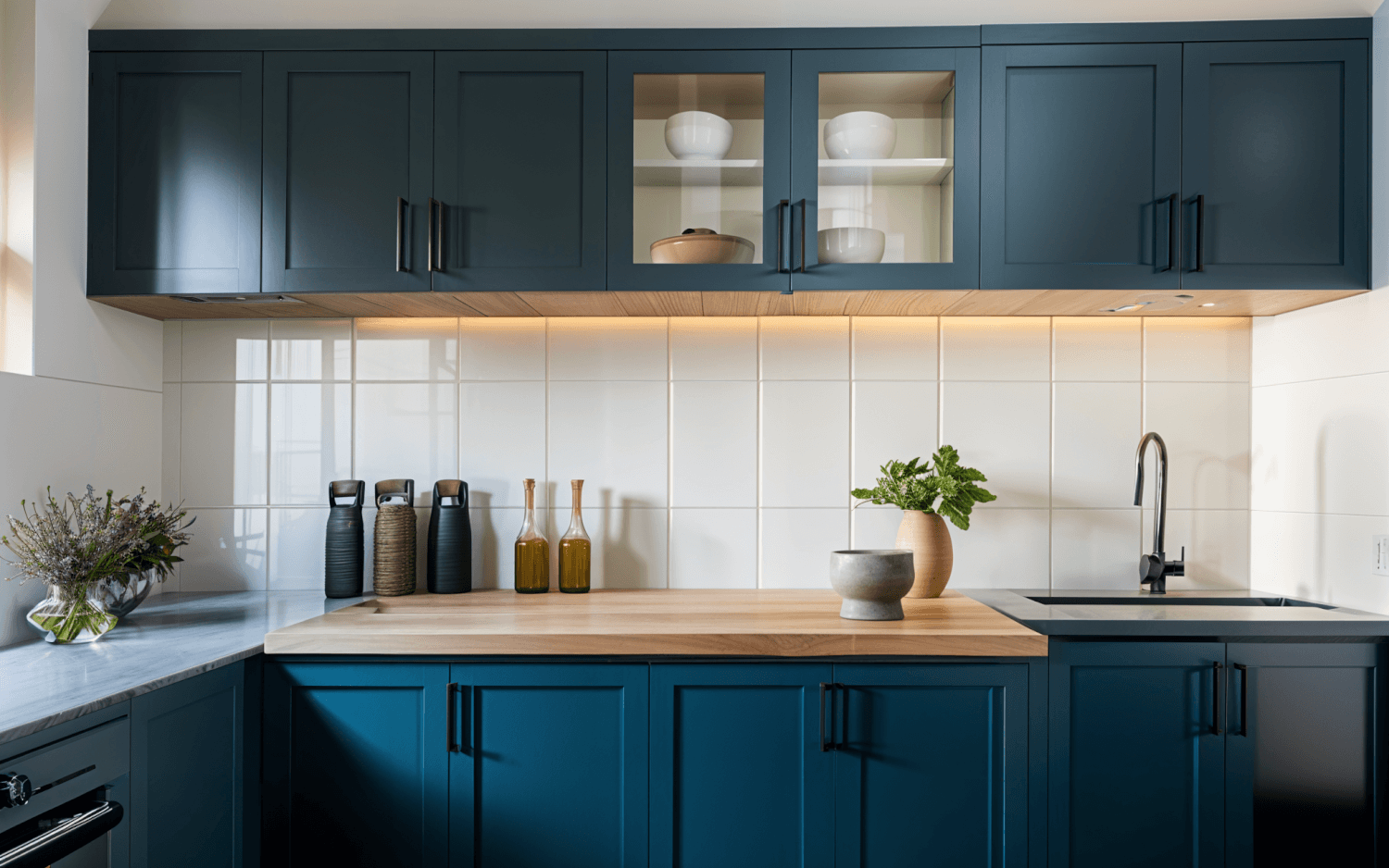 Modern kitchen with deep blue cabinets, wooden countertops, and built-in sink. Ceramic and glassware are visible, with a pot of greenery and decorative items on the counter.