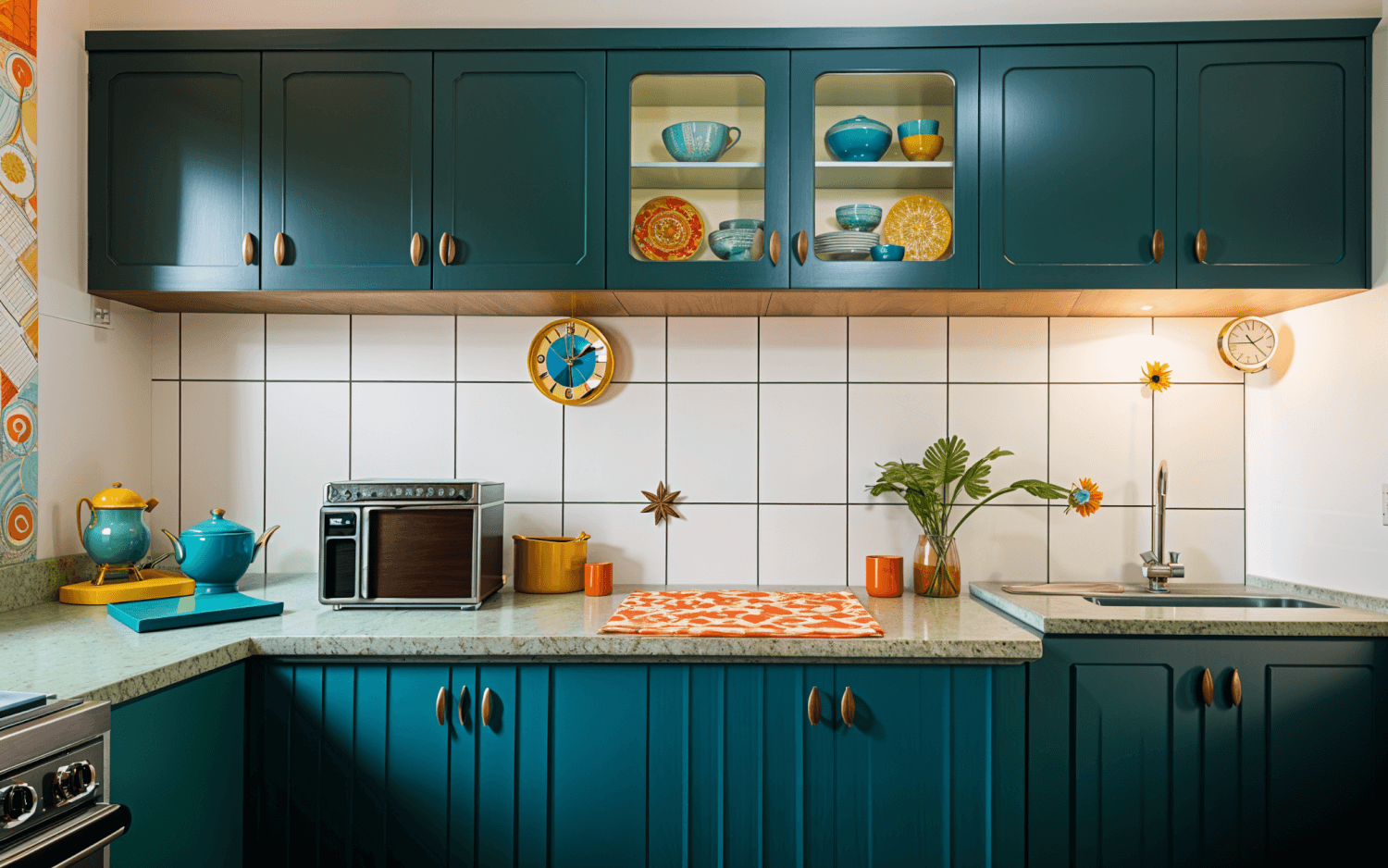 
A vibrant kitchen with teal cabinets, white tiled backsplash, and wooden countertops. Decor includes colorful dishes, a retro toaster, potted plants, and a wall clock, creating a cozy, stylish space.