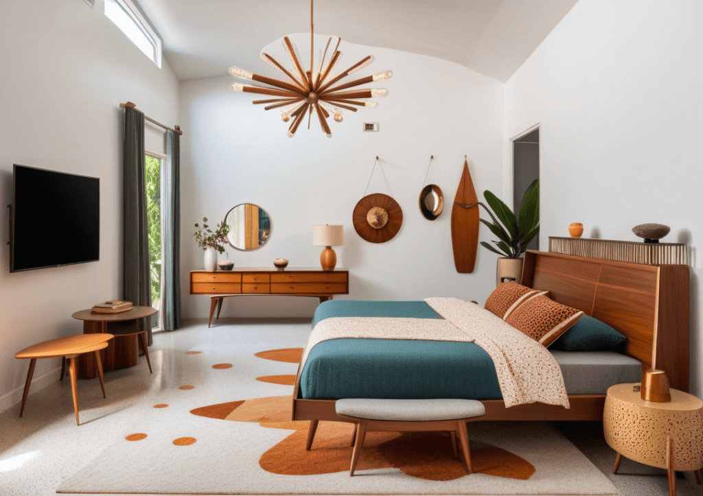 a modern boho bedroom designed in a midcentury style