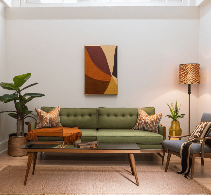 a midcentury modern living room designed in a eclectic style