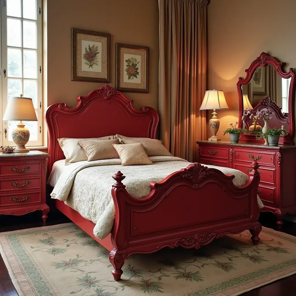 10 Luxurious red vintage bedroom with ornate furniture