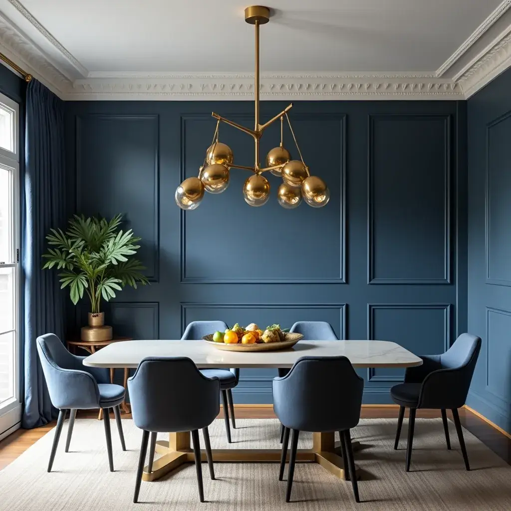 5 Stylish dining room featuring navy walls and gold accents