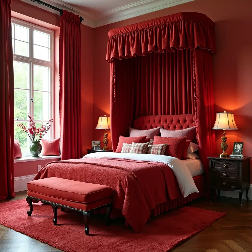 7 Luxurious red bedroom featuring a canopy bed design