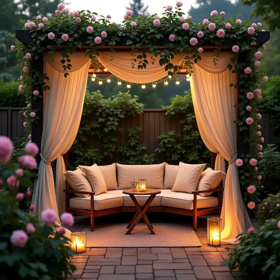 1-Romantic-Garden-Pergola-with-Cozy-Seating Lush patio with vibrant seating and tropical plants