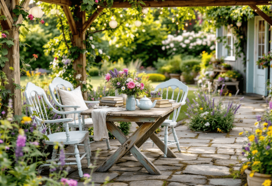 a garden designed in a cottagecore style