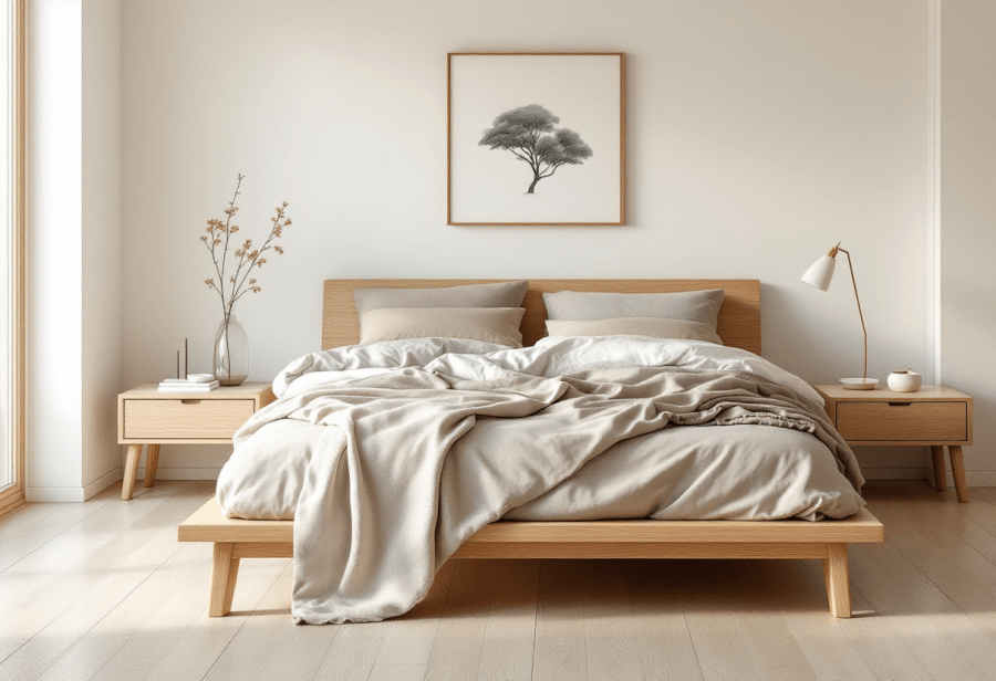 a bedroom designed in a Japandi style