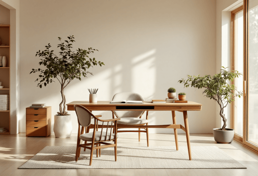 a home office designed in a Japandi style