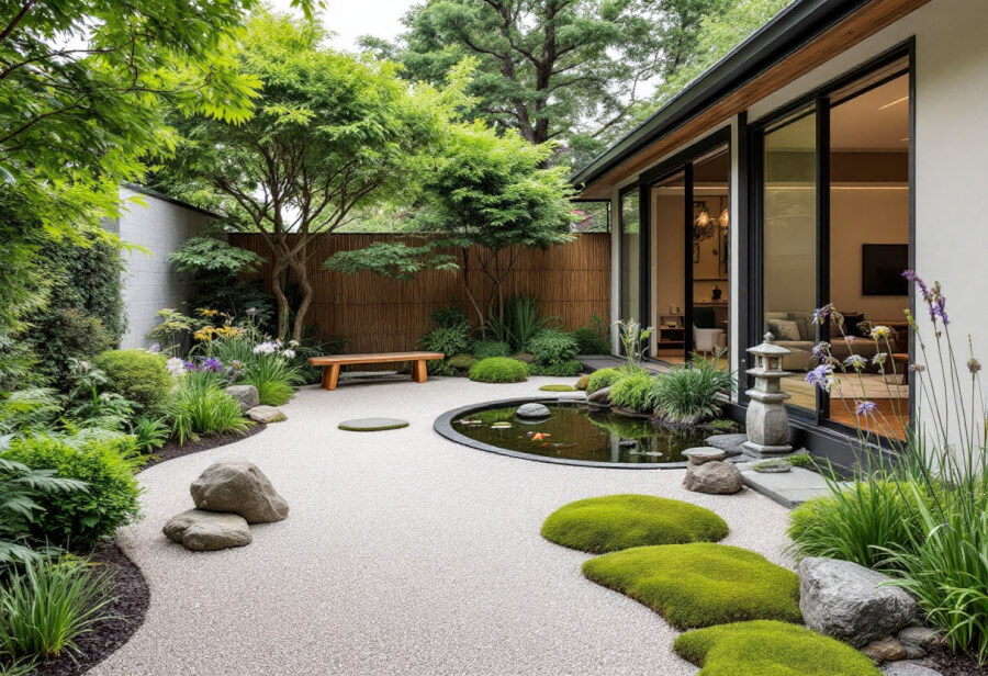 a backyard designed in a japanese zen style
