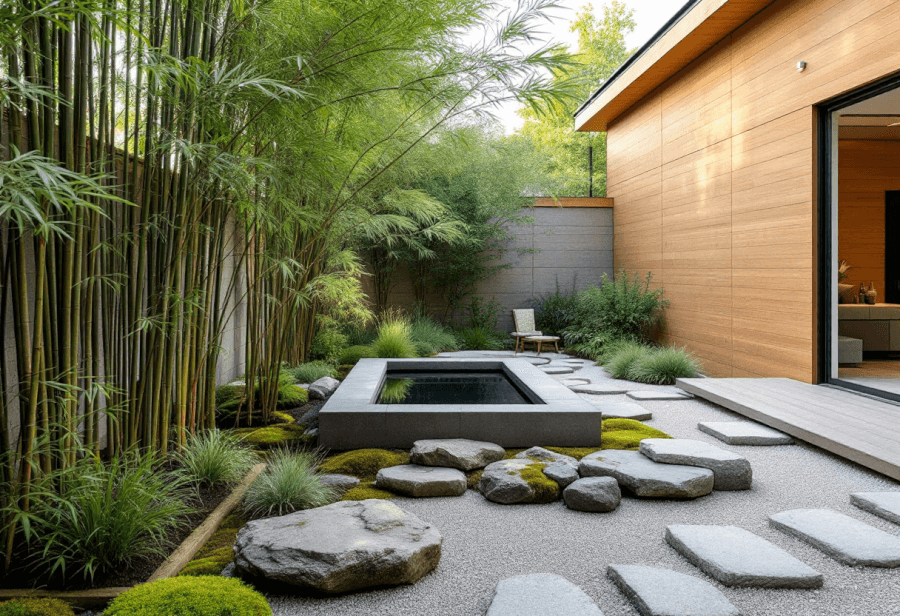 a beautiful garden designed in a bamboo zen style 