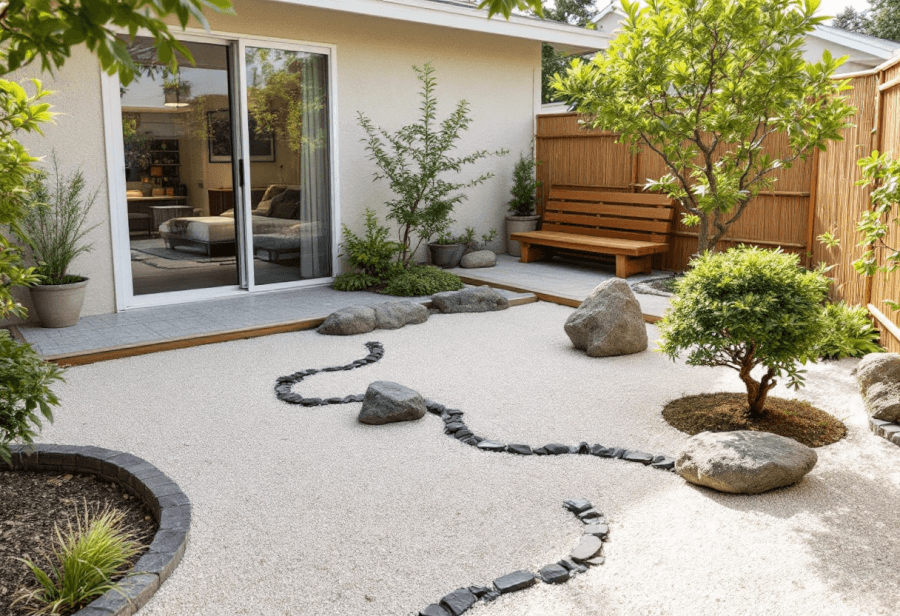 a backyard designed in a Japanese Zen rock style