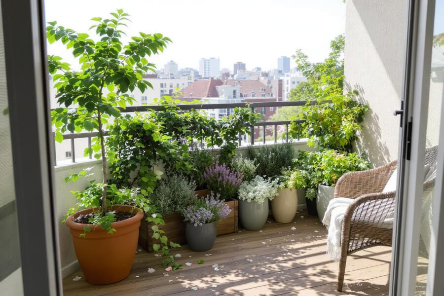 an apartment balcony designed in a urban garden style