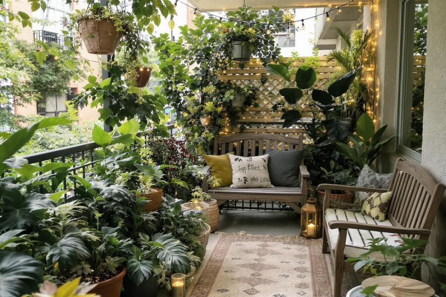 a balcony designed with a lot of plants