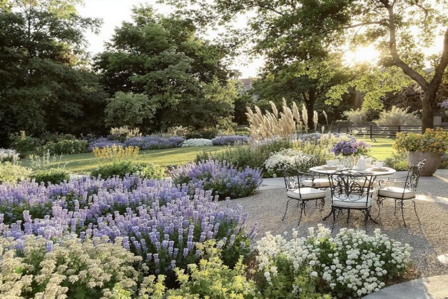 a large backyard designed in a perennial style