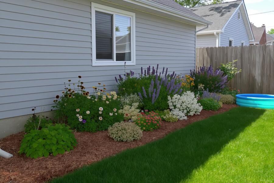 the backyard of a normal house designed in a perennial style