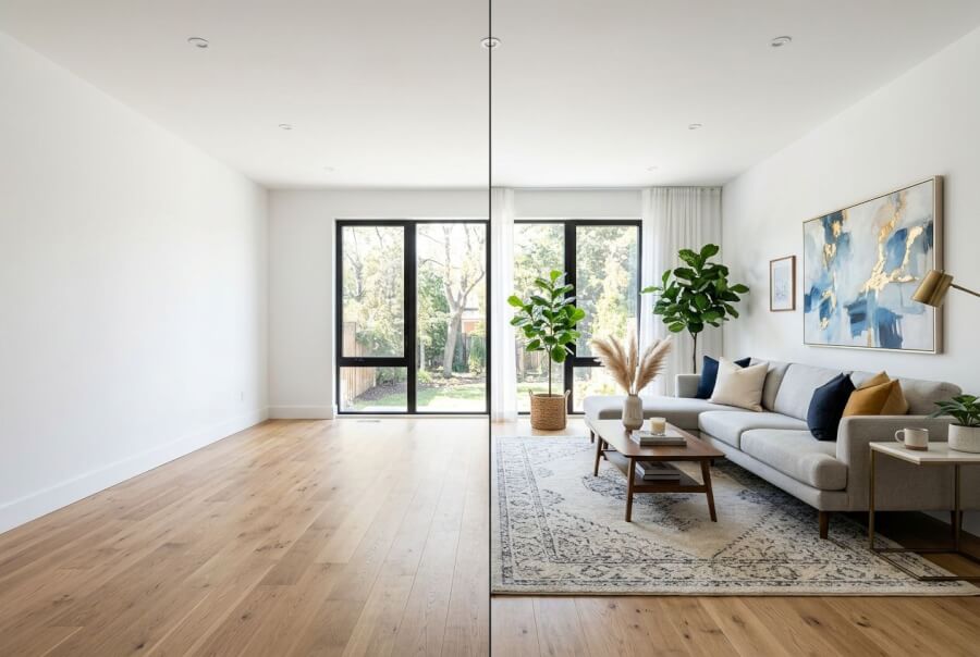 AI virtual staging before and after - empty living room transformed with modern furniture