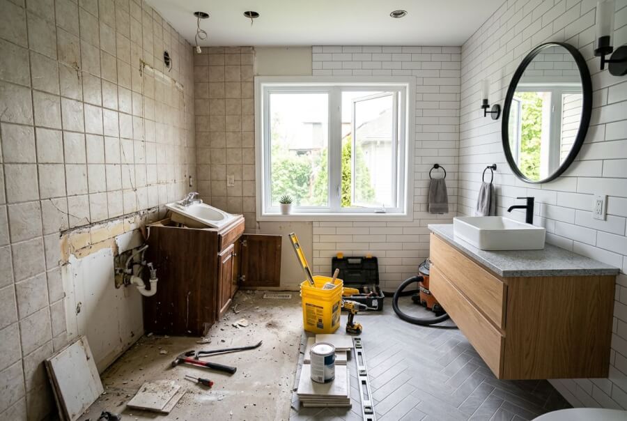 modern bathroom mid-renovation with old tile on one side and new finishes on the other