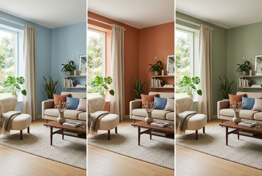 same living room shown in blue terracotta and green wall colors demonstrating color psychology effects