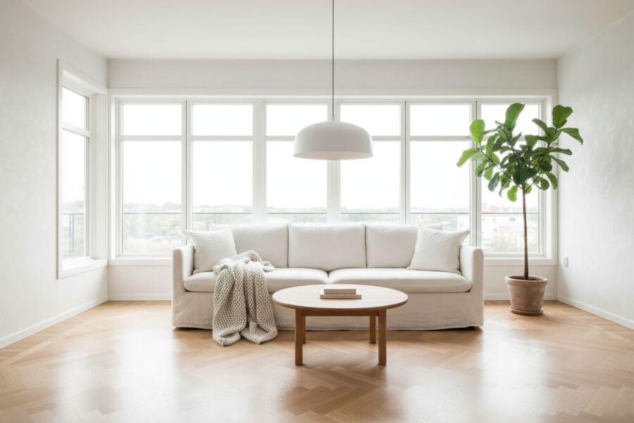 Scandinavian living room with white sofa, oak coffee table, and natural light