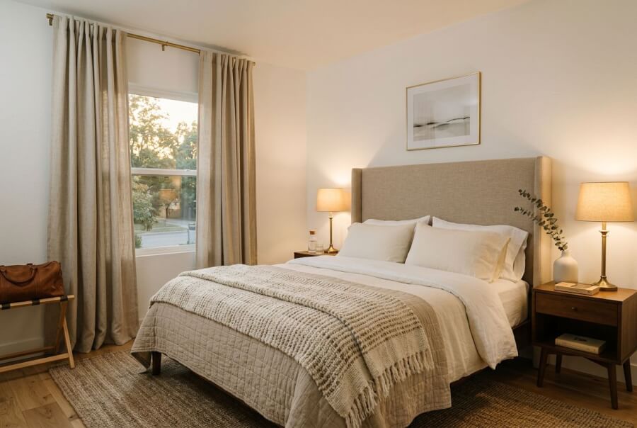 boutique hotel style bedroom with layered bedding brass lamps and linen curtains