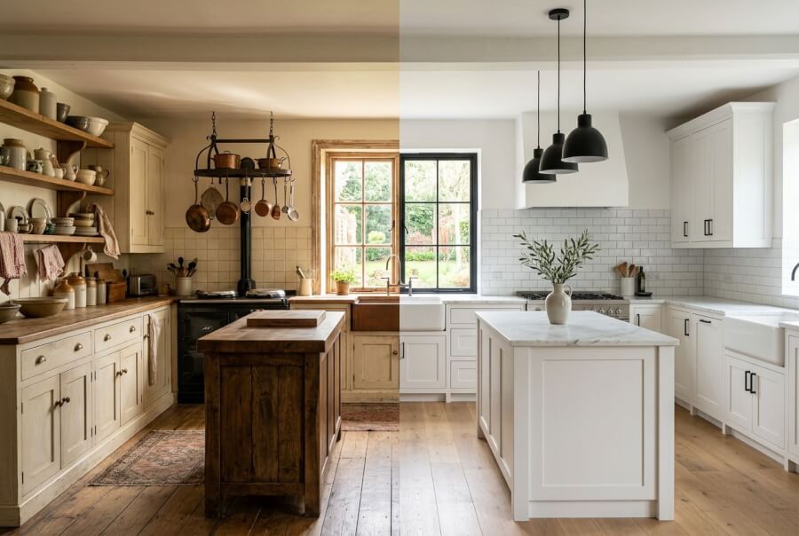 traditional versus modern farmhouse kitchen side by side comparison