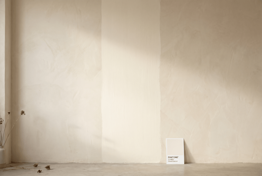 Pantone Color of the Year 2026 Cloud Dancer paint stripe on a lime-washed wall