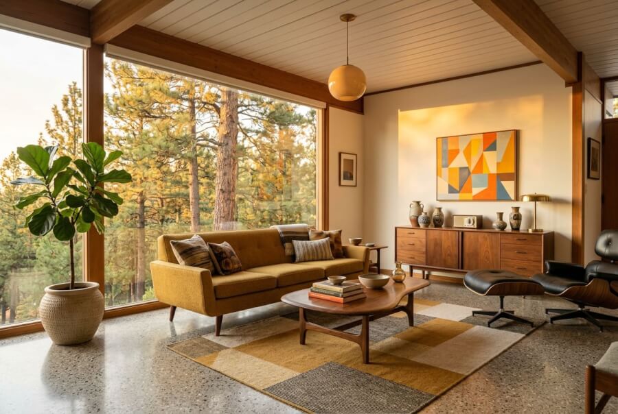 Mid-century modern interior design living room with walnut credenza and mustard sofa