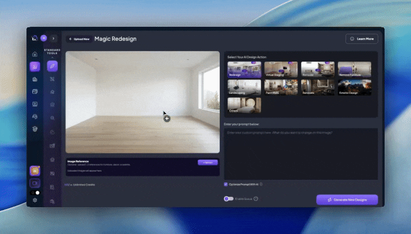 Magic Redesign workflow showing a room redesigned using three reference images