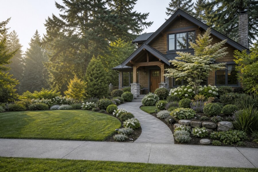 Layered front yard landscaping with a curved walkway and repeated plants