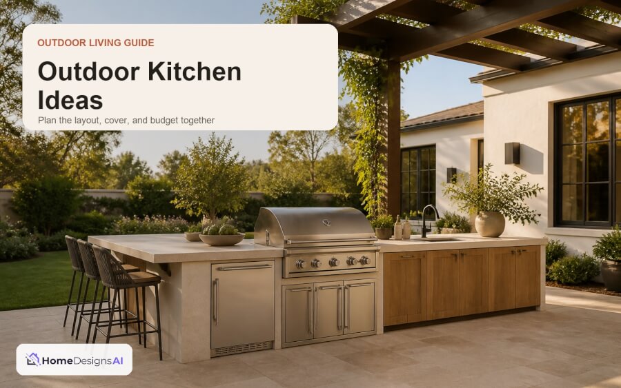 Contemporary outdoor kitchen with a built-in grill, prep counter, pergola, and backyard seating