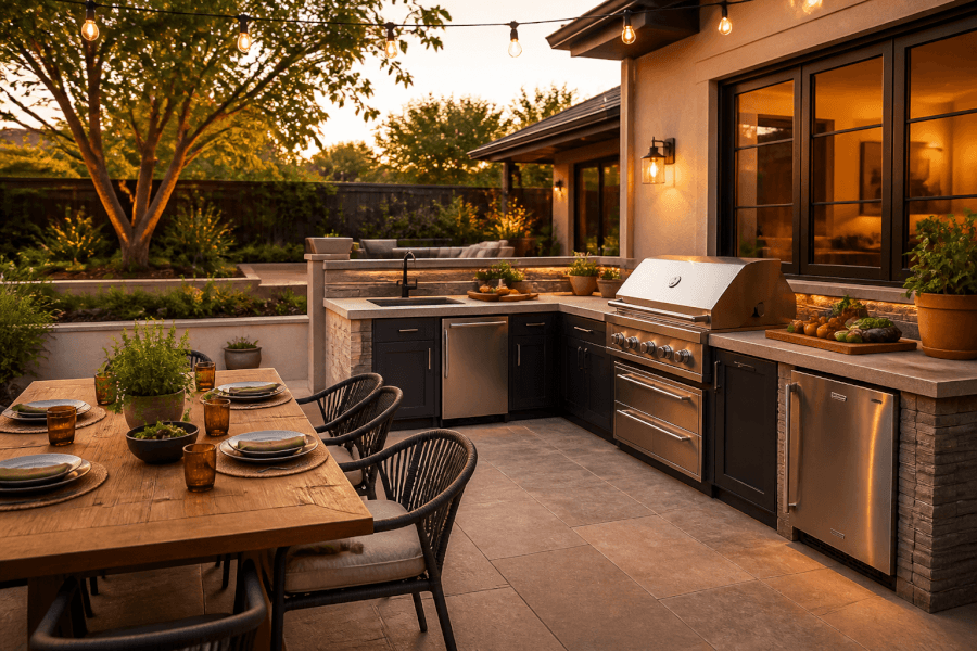 Outdoor kitchen and dining area prepared for backyard entertaining at sunset