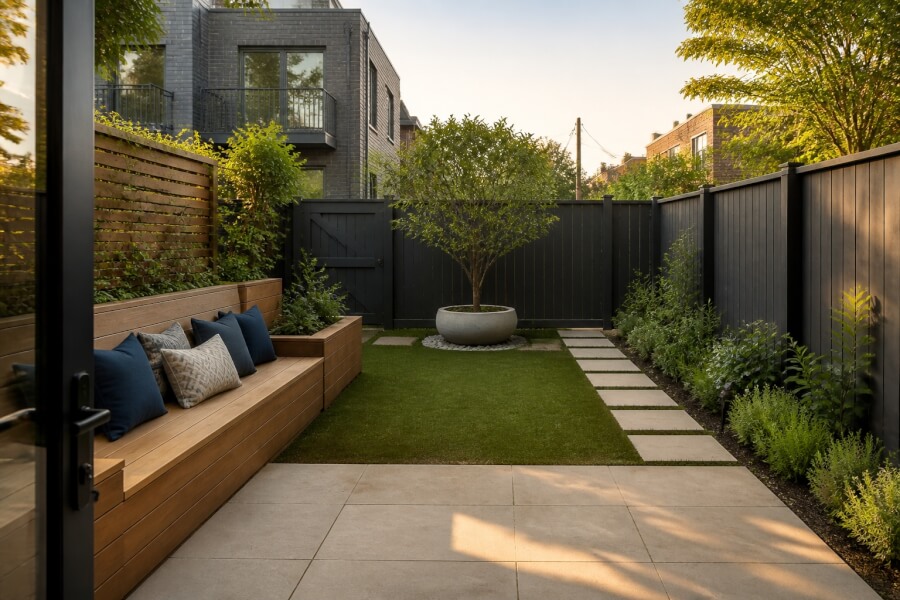 Compact backyard divided into seating, planting, and focal zones